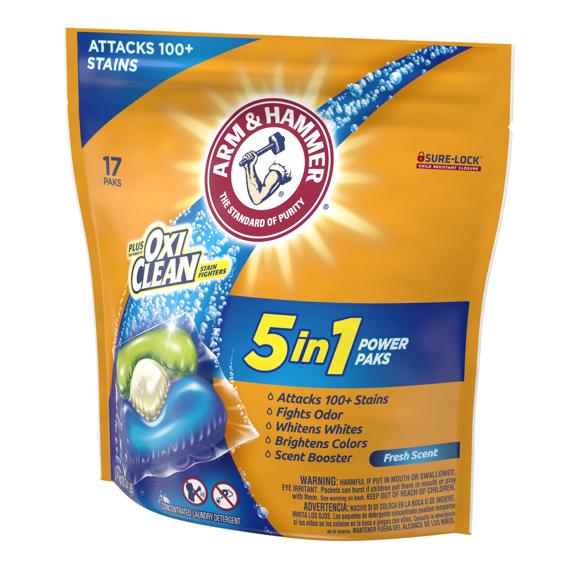 slide 3 of 5, ARM & HAMMER Oxi Clean Power Paks 5 in 1 Concentrated Fresh Scent Laundry Detergent 17 Paks 17 ea, 0.74 lb