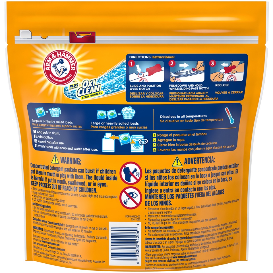 slide 4 of 4, ARM & HAMMER Plus Oxiclean Stain Fighters 3-in-1 Power Paks Laundry Detergent, 0.74 lb