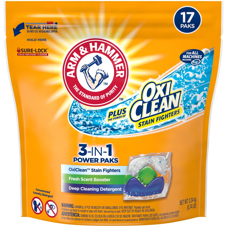 slide 1 of 4, ARM & HAMMER Plus Oxiclean Stain Fighters 3-in-1 Power Paks Laundry Detergent, 0.74 lb