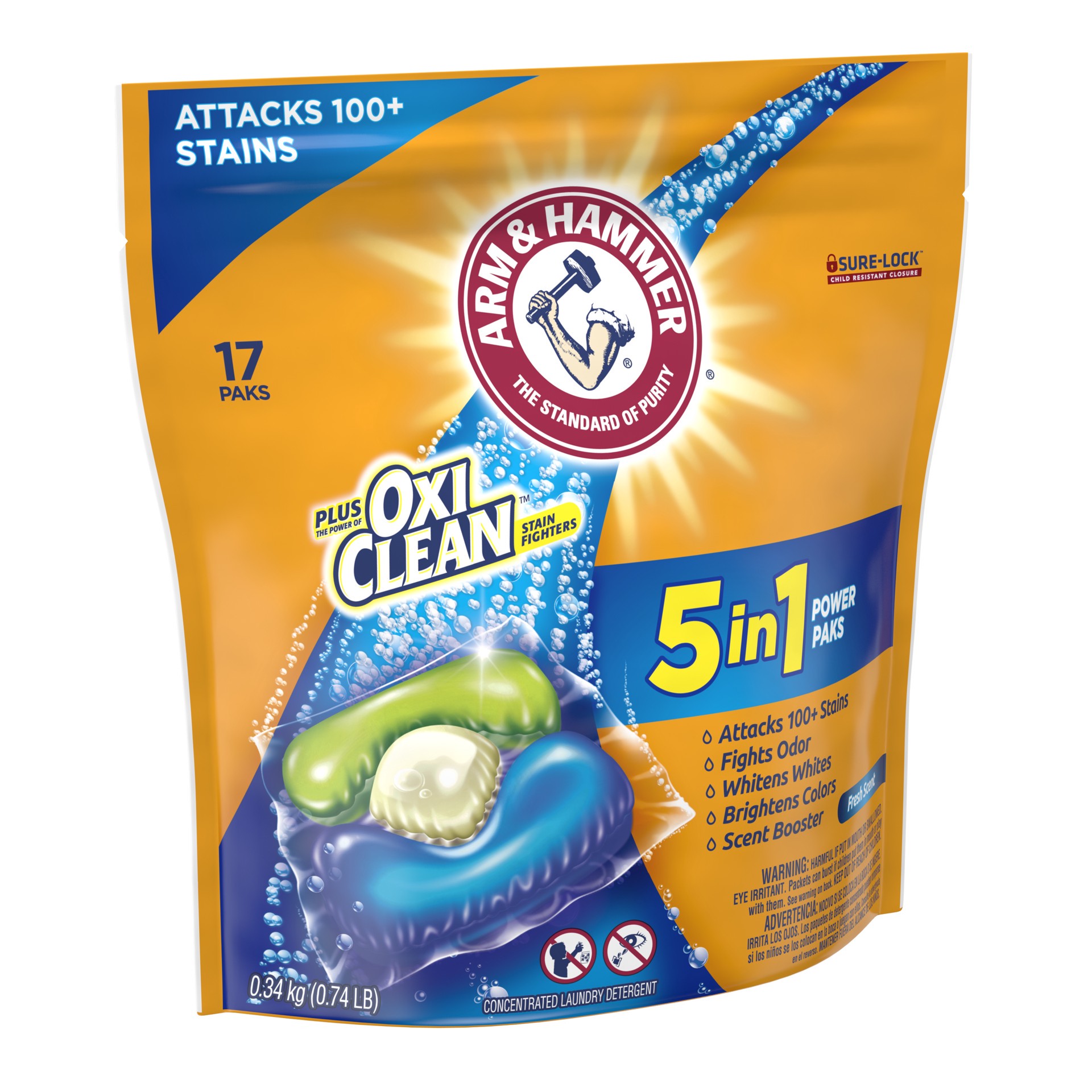 slide 4 of 5, ARM & HAMMER Oxi Clean Power Paks 5 in 1 Concentrated Fresh Scent Laundry Detergent 17 Paks 17 ea, 0.74 lb