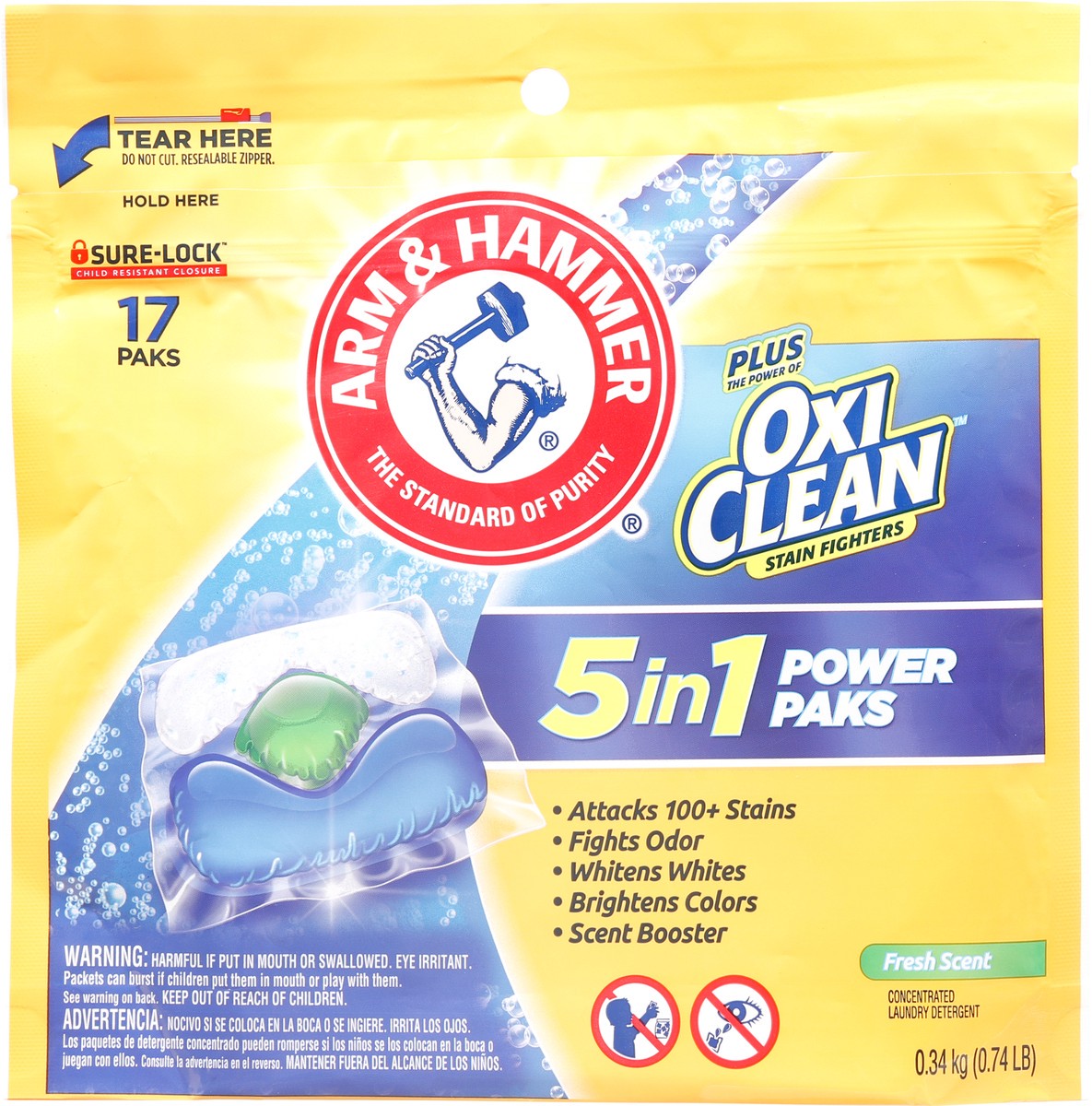 slide 1 of 5, ARM & HAMMER Oxi Clean Power Paks 5 in 1 Concentrated Fresh Scent Laundry Detergent 17 Paks 17 ea, 0.74 lb