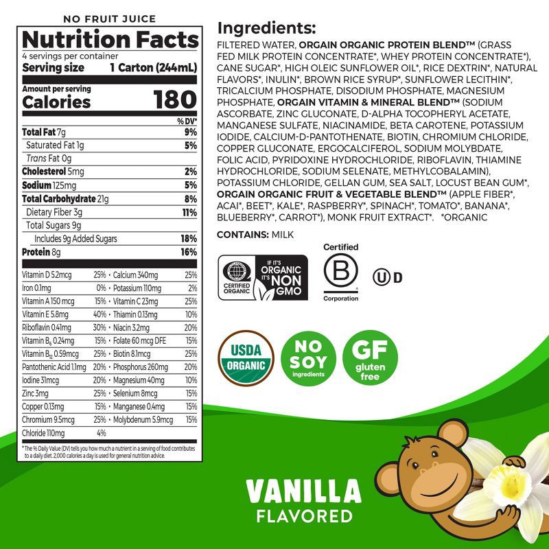 slide 2 of 7, Orgain Organic Kids' Nutritional Protein Shake 22 Vitamins & Minerals Vanilla Flavored - 4pk/8.25 fl oz Cartons, 4 ct, 8.25 fl oz