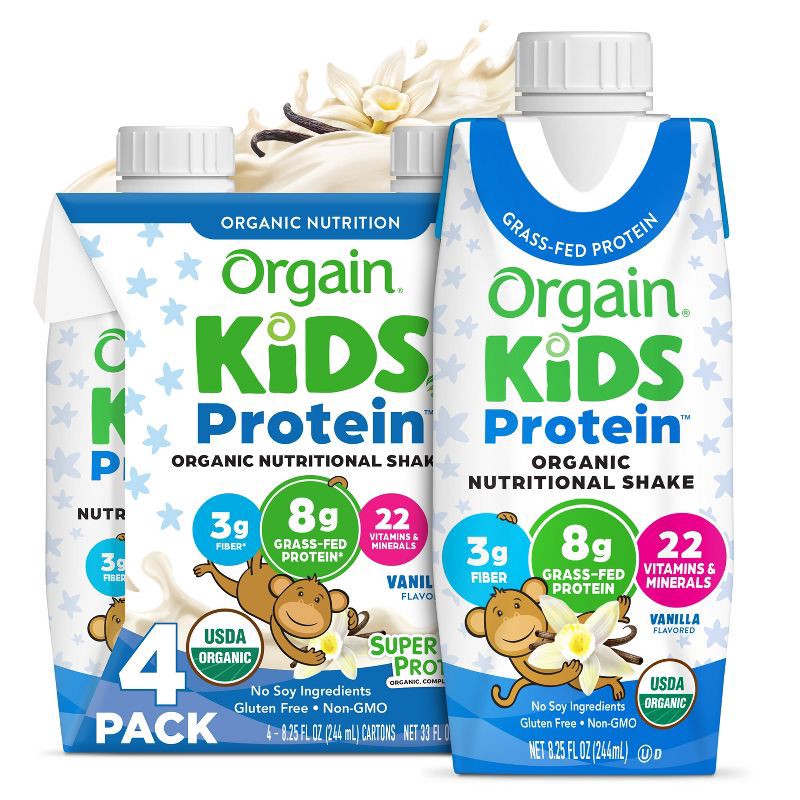 slide 1 of 7, Orgain Organic Kids' Nutritional Protein Shake 22 Vitamins & Minerals Vanilla Flavored - 4pk/8.25 fl oz Cartons, 4 ct, 8.25 fl oz