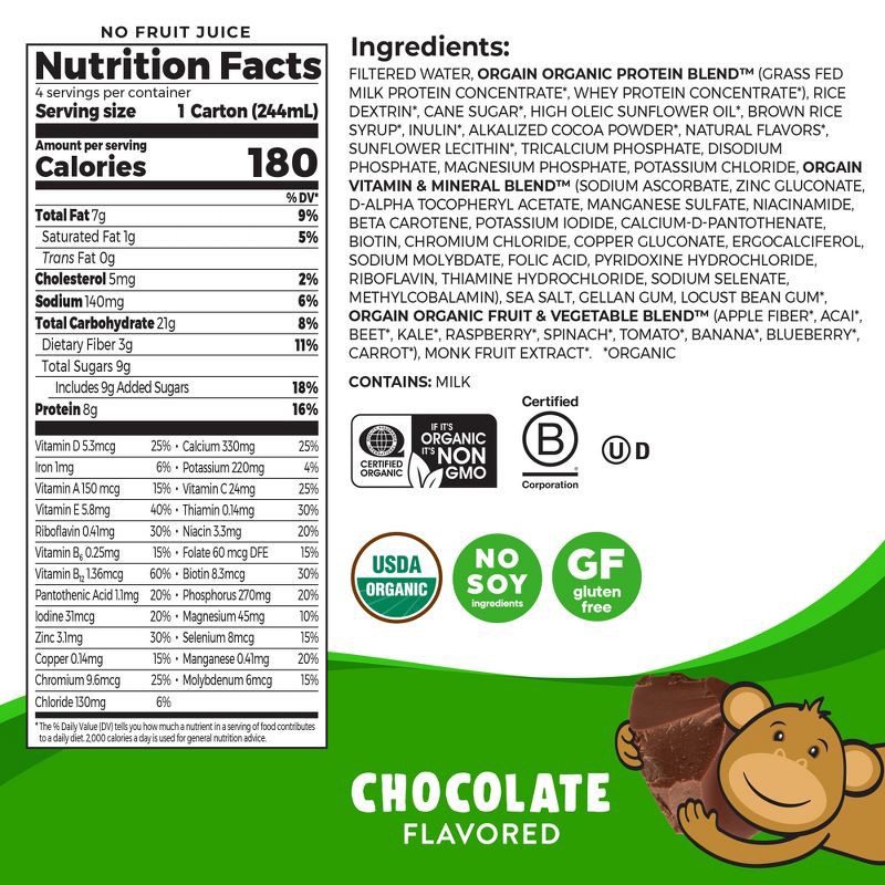 slide 2 of 9, Orgain Organic Kids' Nutritional Protein Shake 22 Vitamins & Minerals Chocolate Flavored - 4pk/8.25 fl oz Cartons, 4 ct, 8.25 fl oz