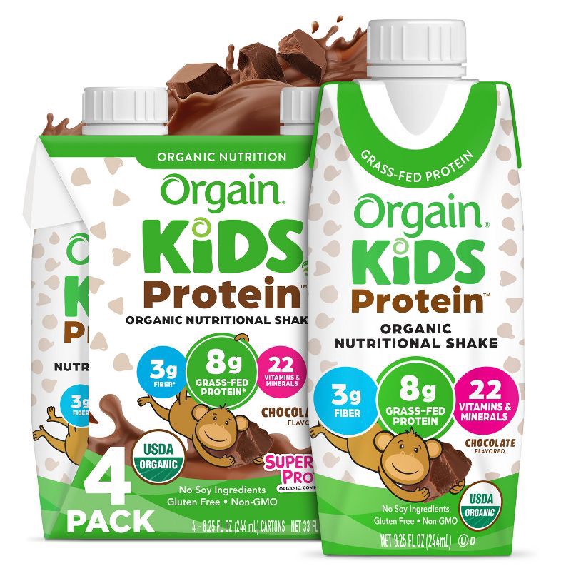 slide 1 of 9, Orgain Organic Kids' Nutritional Protein Shake 22 Vitamins & Minerals Chocolate Flavored - 4pk/8.25 fl oz Cartons, 4 ct, 8.25 fl oz