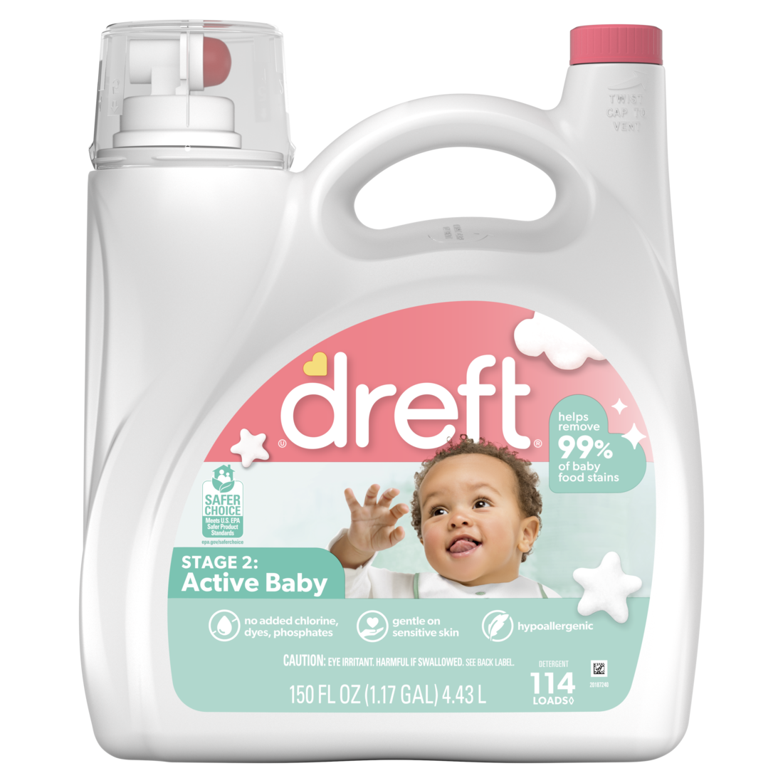 slide 1 of 25, Dreft Liquid Laundry Detergent for Toddlers, tackles 100% of common toddler stains, Unscented Laundry Detergent, 150 fl oz, 114 Loads, 150 fl oz