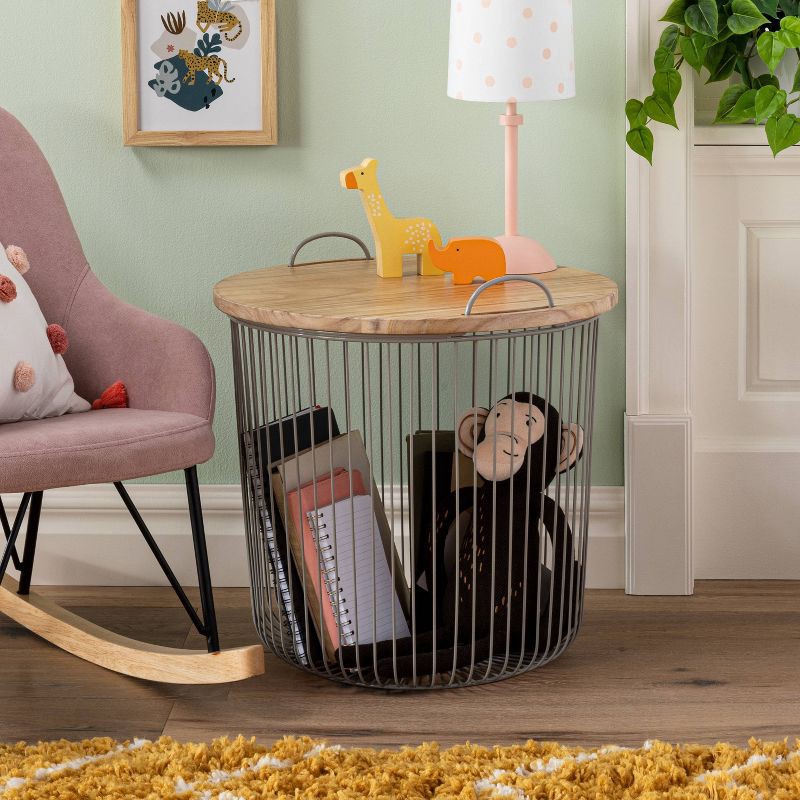 slide 2 of 5, Wire Kids' Storage Floor Bin Gray - Pillowfort™: Round Metal & Wood Basket with Lid and Handles, 1 ct