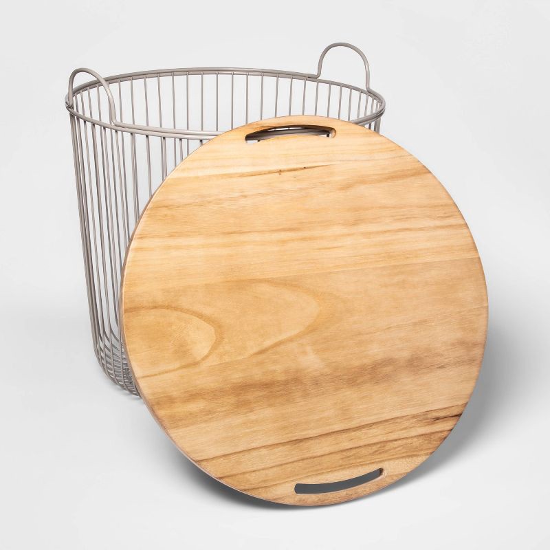 slide 4 of 5, Wire Kids' Storage Floor Bin Gray - Pillowfort™: Round Metal & Wood Basket with Lid and Handles, 1 ct