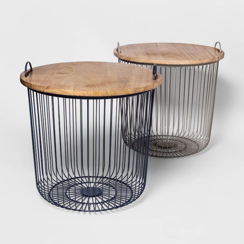 slide 5 of 5, Wire Kids' Storage Floor Bin Gray - Pillowfort™: Round Metal & Wood Basket with Lid and Handles, 1 ct