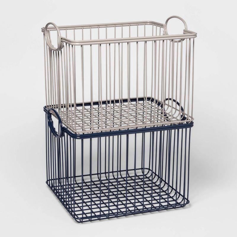 slide 4 of 4, Medium Wire Stackable Kids' Storage Basket Gray - Pillowfort™: Metal, Decorative, Handles, Powder-Coated, Universal Placement, 1 ct
