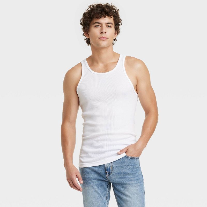 slide 2 of 3, Men's 4pk Ribbed Tank Top - Goodfellow & Co™ White L: Cotton Sleeveless Undershirts, Scoopneck, 4 ct