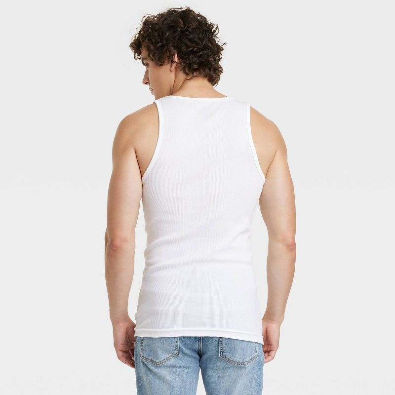 slide 3 of 3, Men's 4pk Ribbed Tank Top - Goodfellow & Co™ White L: Cotton Sleeveless Undershirts, Scoopneck, 4 ct
