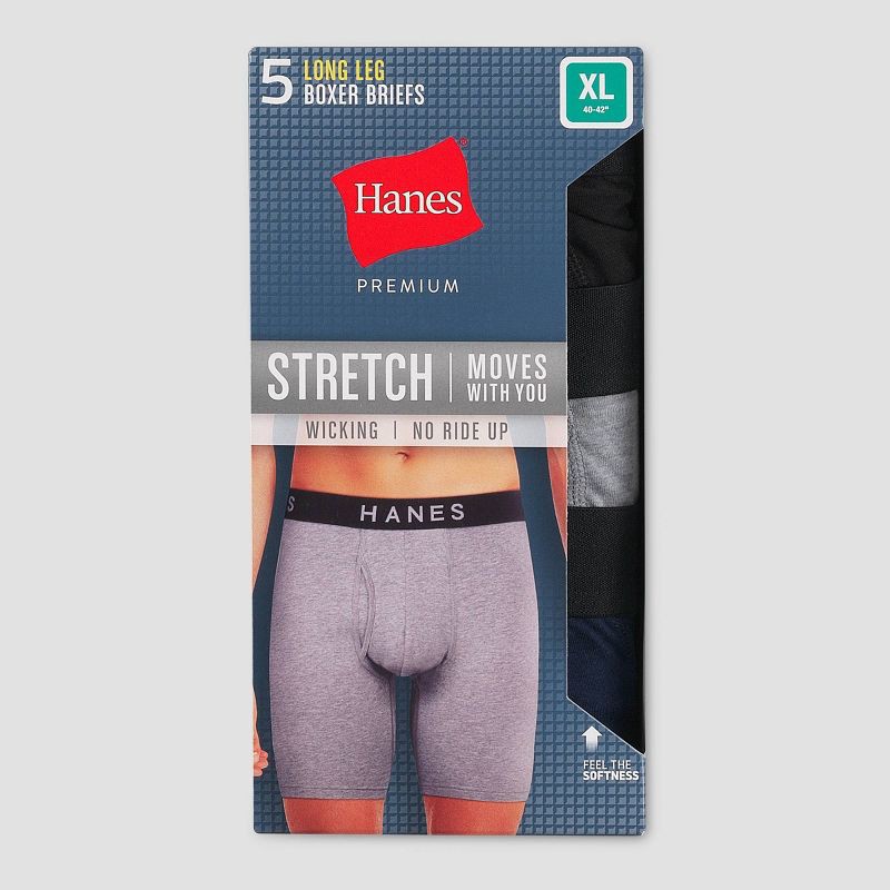 slide 2 of 7, Hanes Premium Men's Stretch Long Leg Boxer Briefs 5pk - Black/Navy Blue/Gray M: Tagless, Breathable, Moisture Wicking, 5 ct