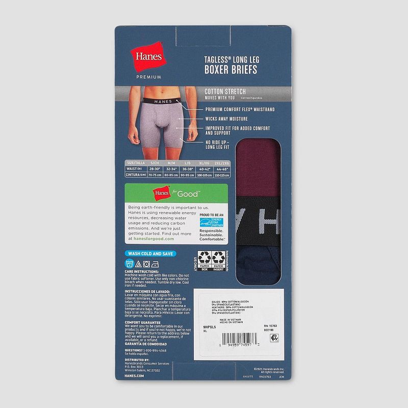 slide 3 of 7, Hanes Premium Men's Stretch Long Leg Boxer Briefs 5pk - Black/Navy Blue/Gray M: Tagless, Breathable, Moisture Wicking, 5 ct