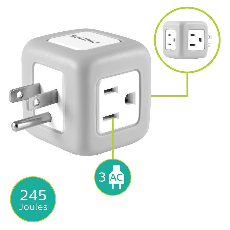 slide 2 of 7, Philips 3-Outlet Grounded Cube Tap with Surge Protection - Gray: Outlet Extender Adapter, 1 ct