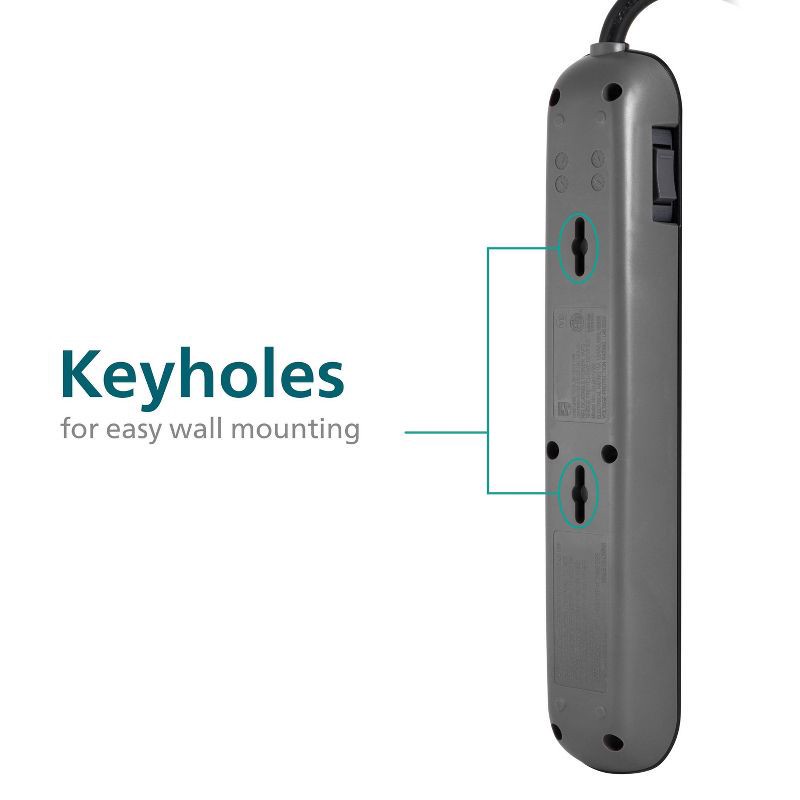 slide 4 of 6, Philips 6-Outlet Surge Protector with 4' Cord - Black: 720 Joules, Compact Design, 1 ct