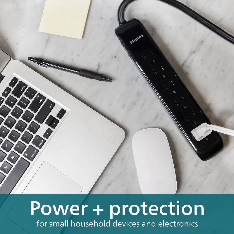 slide 5 of 6, Philips 6-Outlet Surge Protector with 4' Cord - Black: 720 Joules, Compact Design, 1 ct