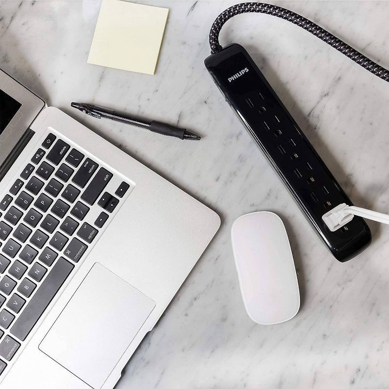 slide 6 of 6, Philips 6-Outlet Surge Protector with 4' Cord - Black: 720 Joules, Compact Design, 1 ct