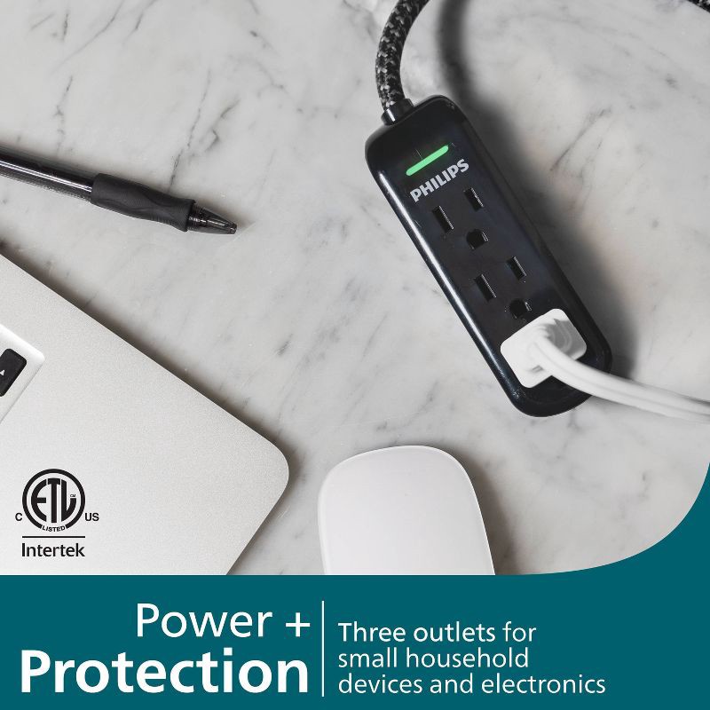 slide 2 of 7, Philips 8' 3-Outlet Grounded Extension Cord - Black: 13 Amps, 14 AWG Wire Gauge, 1 ct