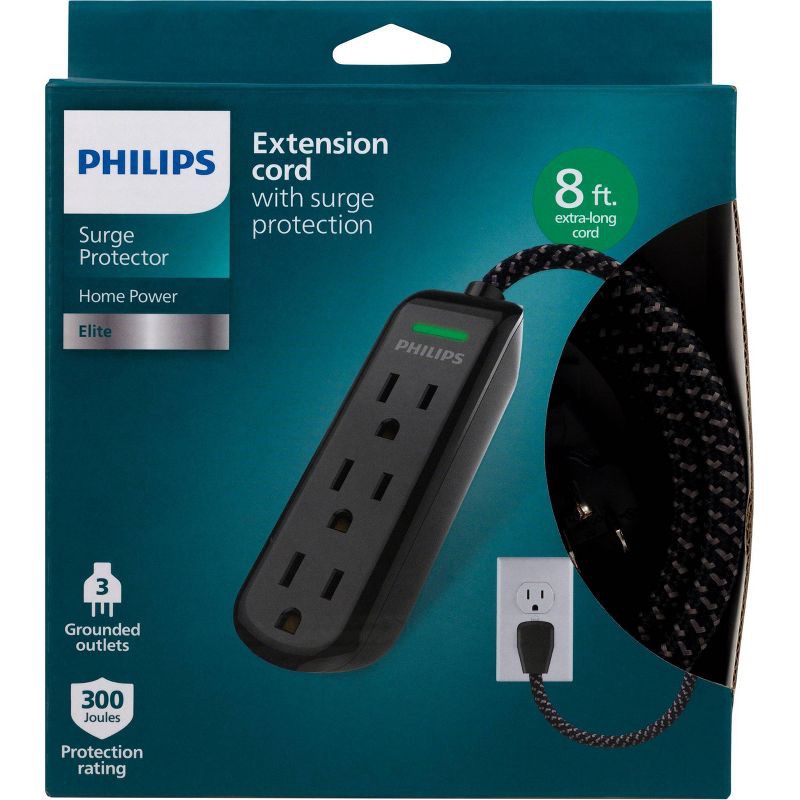 slide 7 of 7, Philips 8' 3-Outlet Grounded Extension Cord - Black: 13 Amps, 14 AWG Wire Gauge, 1 ct
