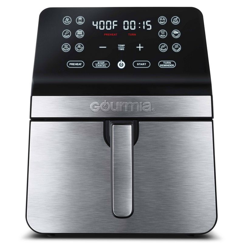 slide 1 of 8, Gourmia 8qt Digital Air Fryer with 12 One-Touch Functions & Guided Cooking Stainless Steel Black: Kitchen Appliance, 8 qt