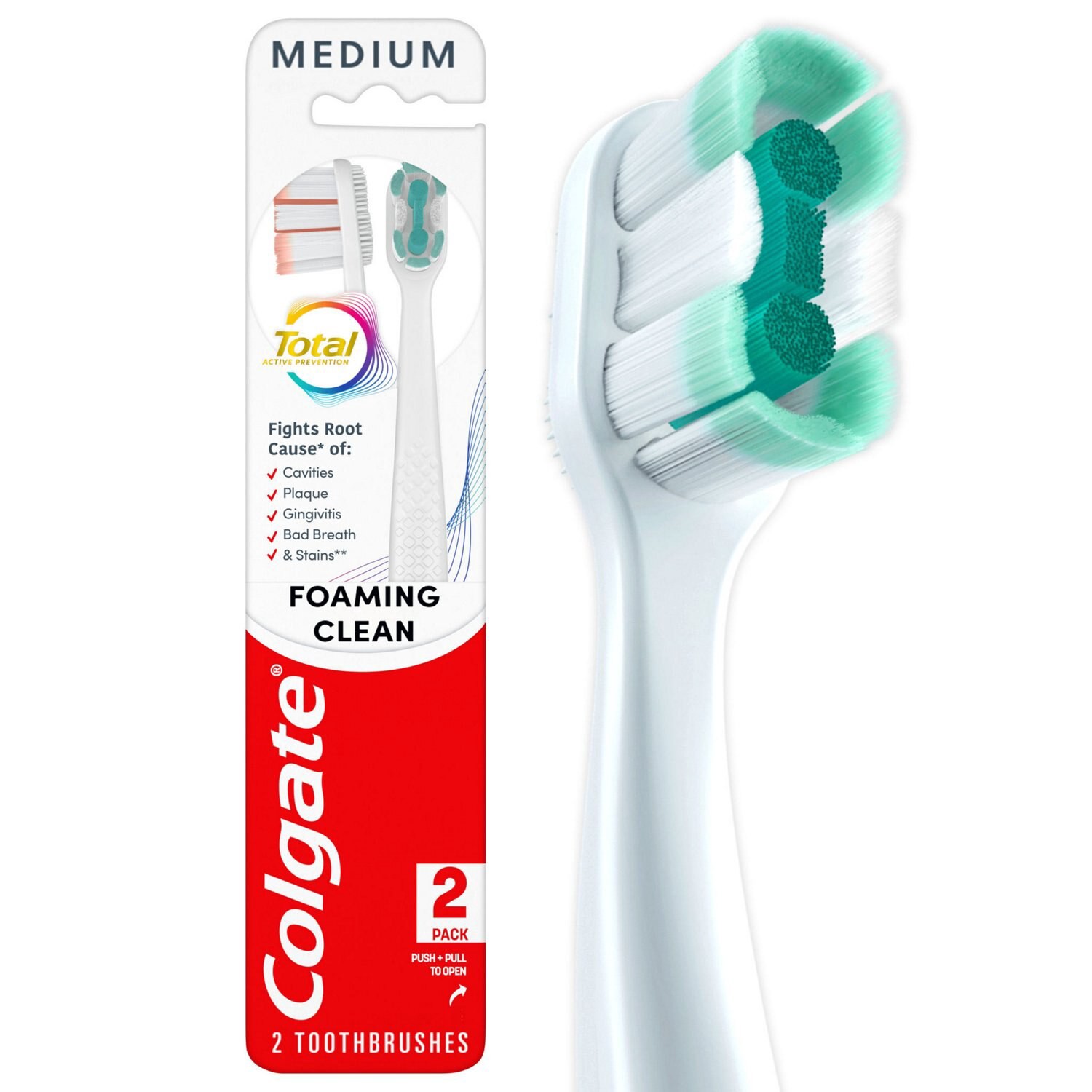 slide 4 of 7, Colgate Total Active Prevention Foaming Clean Medium Toothbrush (2 Pk.), 2 ct