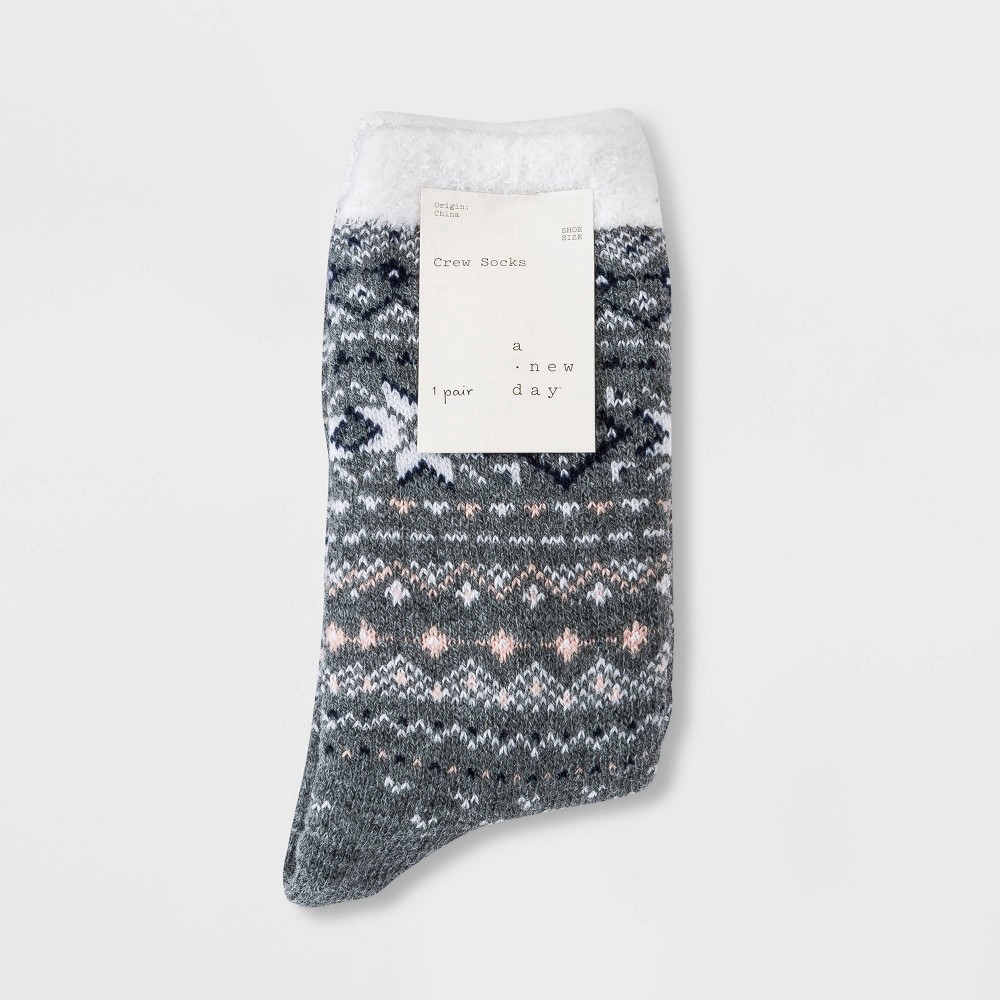slide 2 of 2, Women's Fair Isle Double Lined Cozy Crew Socks - A New Day Heather Gray 4-10, 1 ct