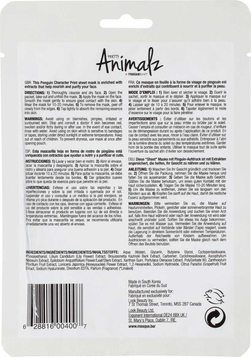 slide 11 of 12, Look Beauty Masque BAR Pretty Animalz Penguin Purifying Sheet Mask 0.71 fl oz, 0.71 fl oz