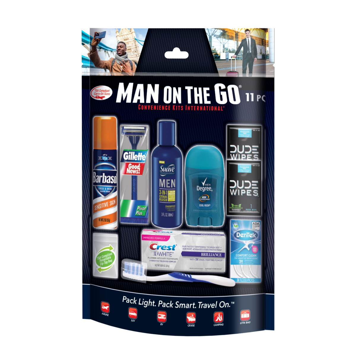 slide 1 of 5, Man On The Go Foil Bag Featuring: Gillette and Barbarsol Shave Products, 10 ct