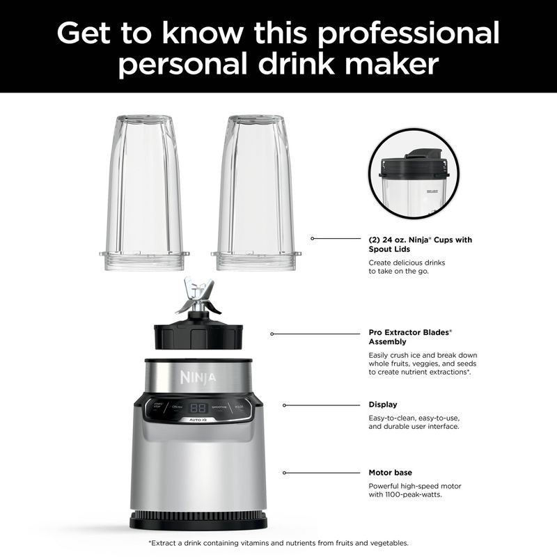 slide 7 of 12, Ninja Nutri-Blender Pro with Auto-iQ - BN401: 1100W Personal Smoothie Blender, Stainless Steel, 2 Cups, Dishwasher Safe, 1 ct