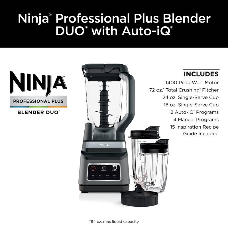 slide 3 of 15, Ninja Professional Plus Blender DUO with Auto-iQ BN753TGT: 1200W Smoothie Blender, 72oz Pitcher, Ice Crushing, Silver, 72 oz