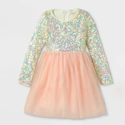 Girls' Sequin Tulle Long Sleeve Dress - Cat & Jack Pink M | Shipt
