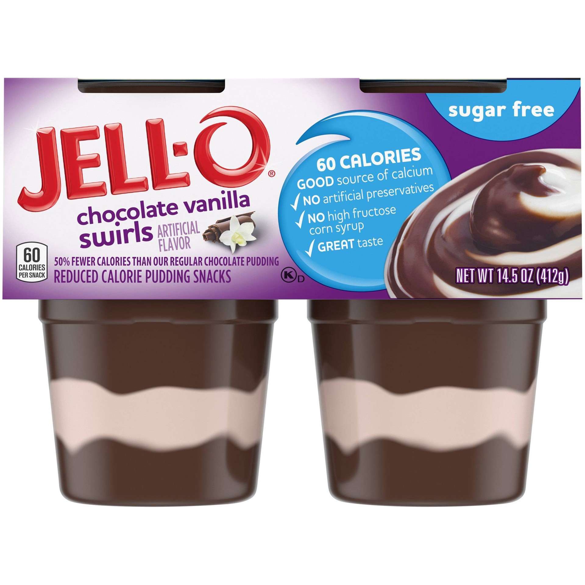 slide 11 of 11, Jell-O Chocolate Vanilla Swirls Sugar Free Ready-to-Eat Pudding Cups Snack Cups, 4 ct; 14.5 oz