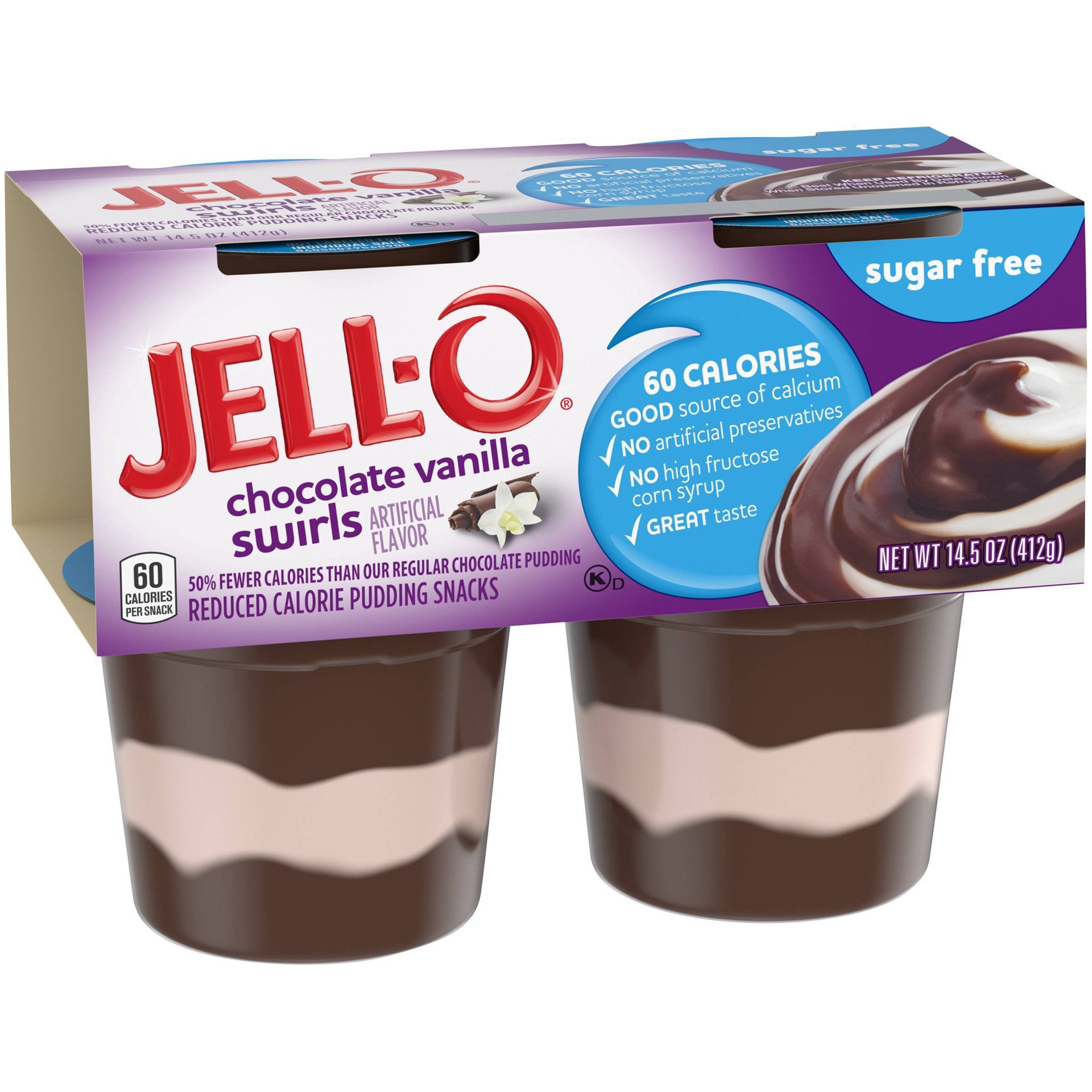 slide 8 of 11, Jell-O Chocolate Vanilla Swirls Sugar Free Ready-to-Eat Pudding Cups Snack Cups, 4 ct; 14.5 oz