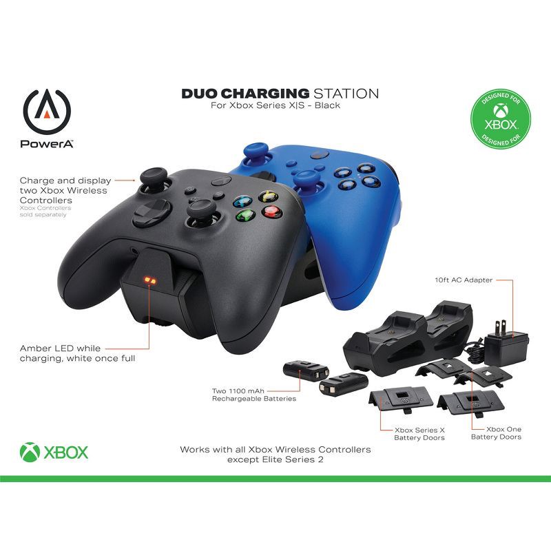 slide 2 of 9, PowerA Dual Charging Station for Xbox Series X|S/Xbox One Wireless Controllers - Black: Charge Indicator Light, 1 ct