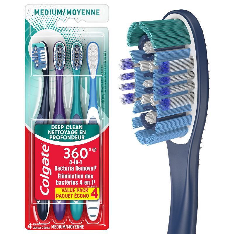 slide 1 of 9, Colgate 360 Toothbrush with Tongue and Cheek Cleaner Medium - 4ct, 4 ct