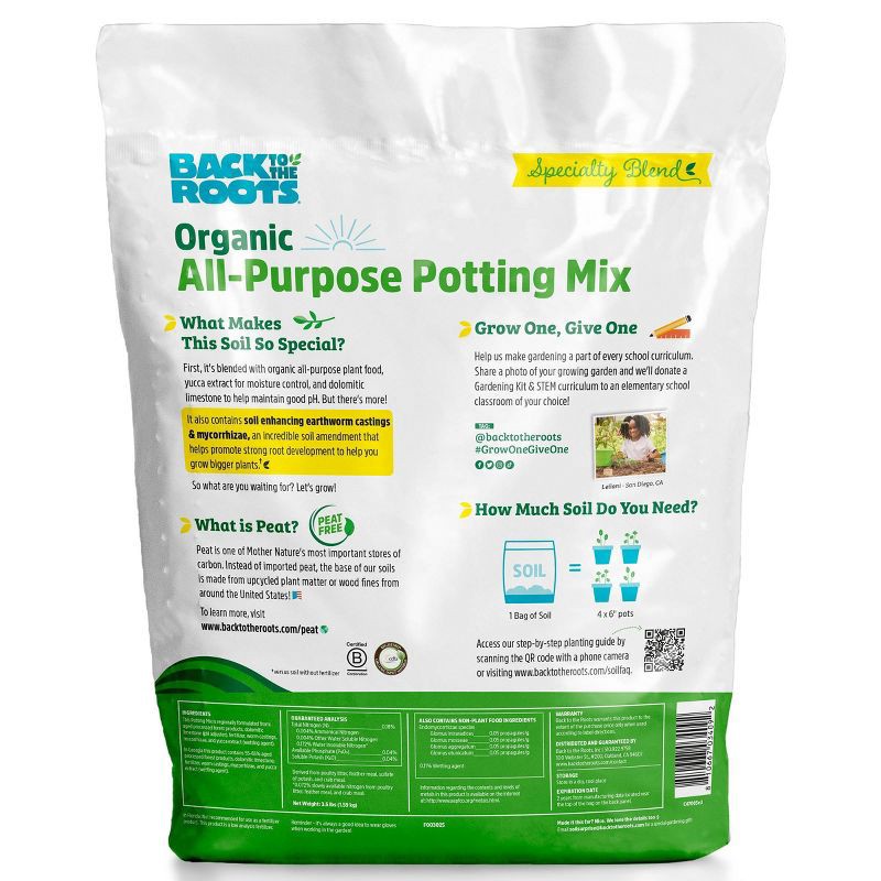 slide 12 of 12, Back to the Roots 6qt Organic Potting Mix All Purpose: OMRI Certified, for Patio & Garden, 6 qt