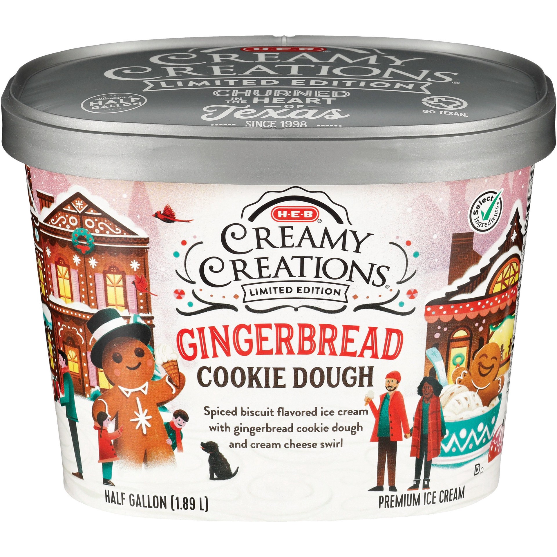 slide 1 of 1, H-E-B Creamy Creations Gingerbread Cookie Dough Ice Cream, 1/2 gal