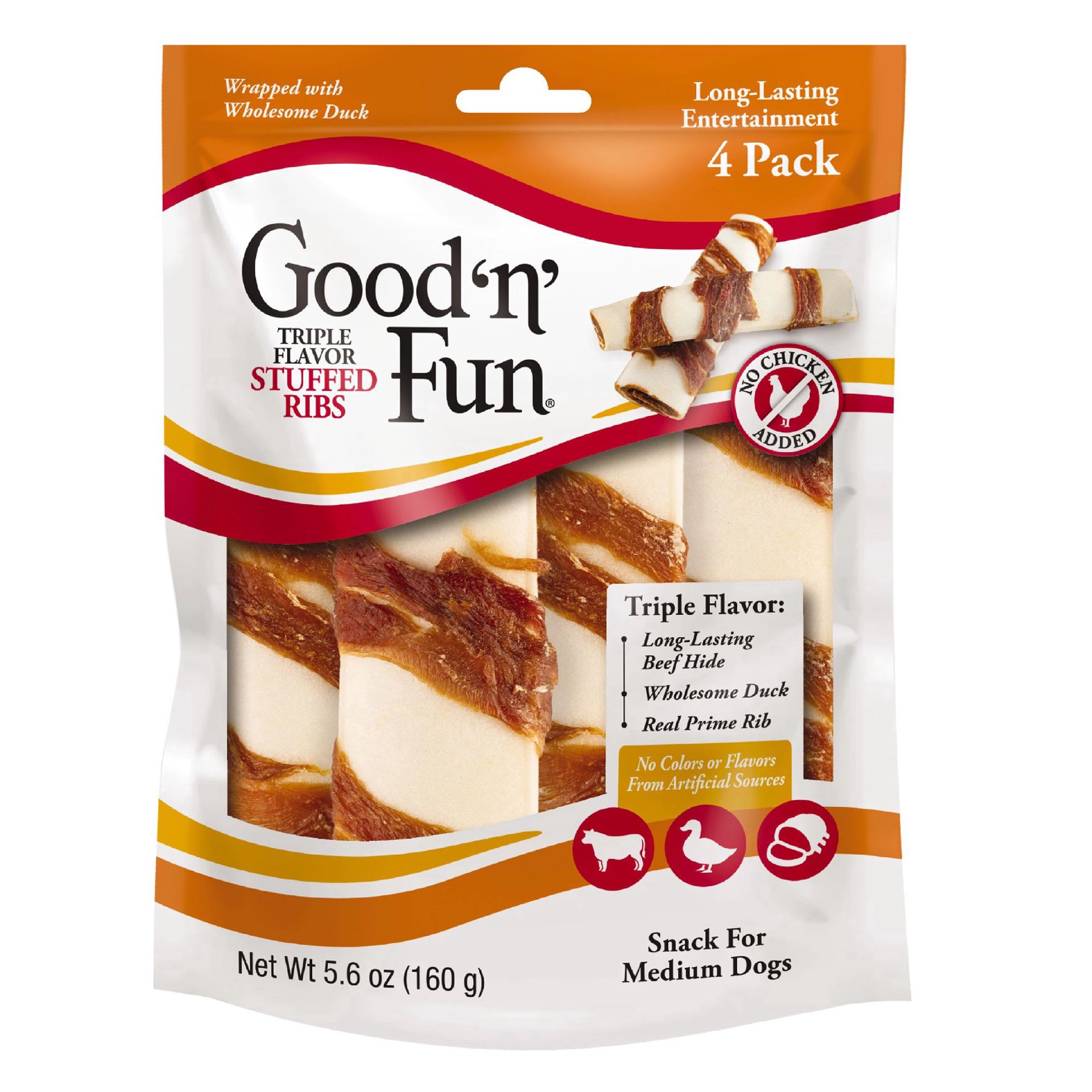 slide 1 of 1, GOOD N' FUN Triple Flavor Stuffed Ribs, No Chicken Added Rawhide Chews for Medium Dogs, 5.6 oz., Count of 4, 1 ct