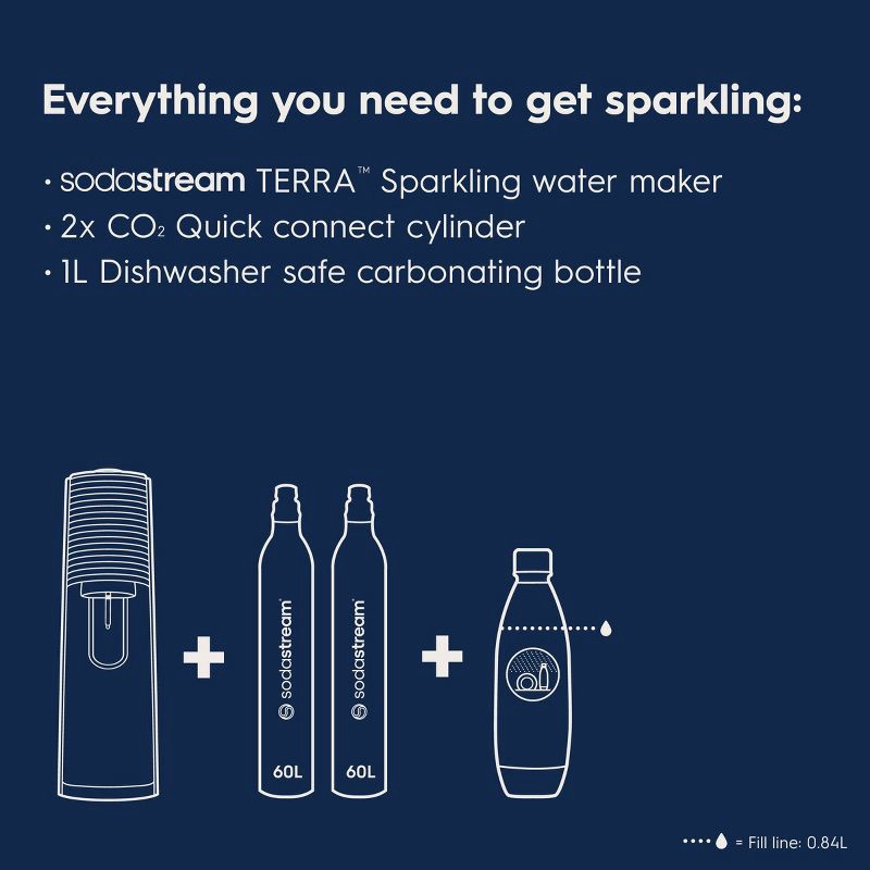 slide 3 of 10, SodaStream Terra Sparkling Water Maker with Extra CO2 Cylinder and Carbonating Bottle Black, 1 ct