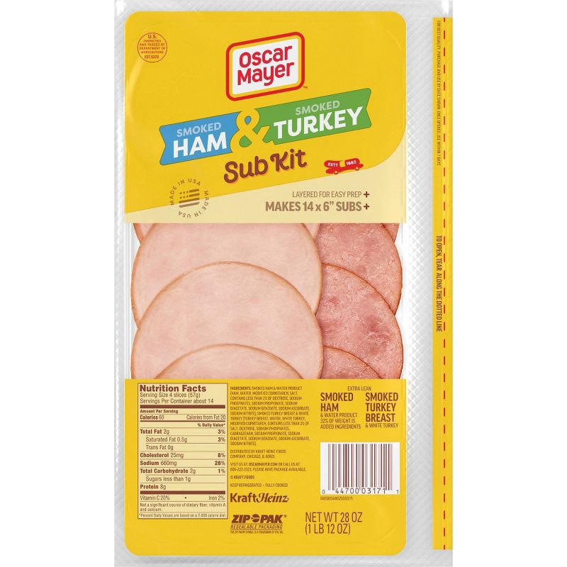 slide 2 of 11, Oscar Mayer Sub Kit with Extra Lean Smoked Ham & Turkey Breast Sliced Lunch Meat - 28oz, 28 oz