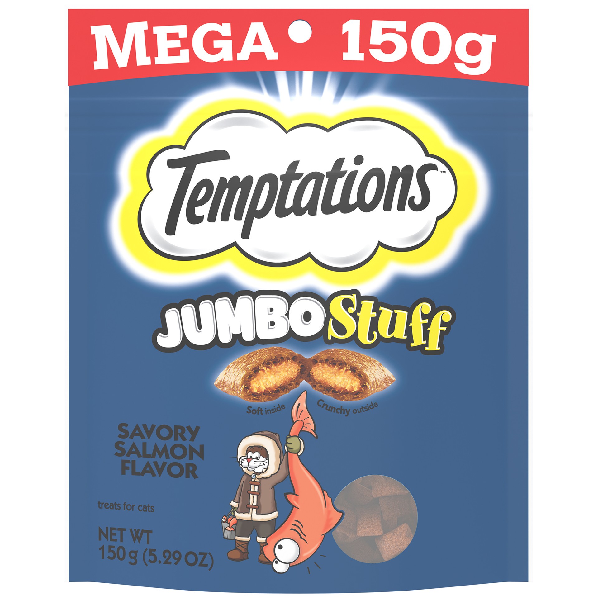 slide 1 of 3, Temptations Jumbo Stuff Crunchy And Soft Cat Treats Savory Salmon Flavor, 5.3 Oz. Pouch, 5.29 oz