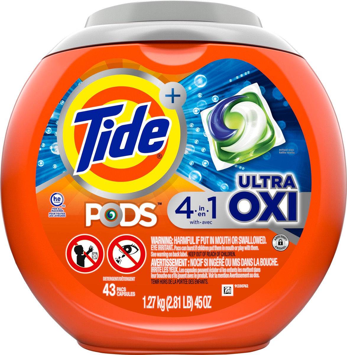 slide 6 of 8, Tide PODS Liquid Laundry Detergent Soap Pacs, 4-n-1 Ultra Oxi, HE Compatible 43 Count, Built in Pre-treater for Stains, 43 ct