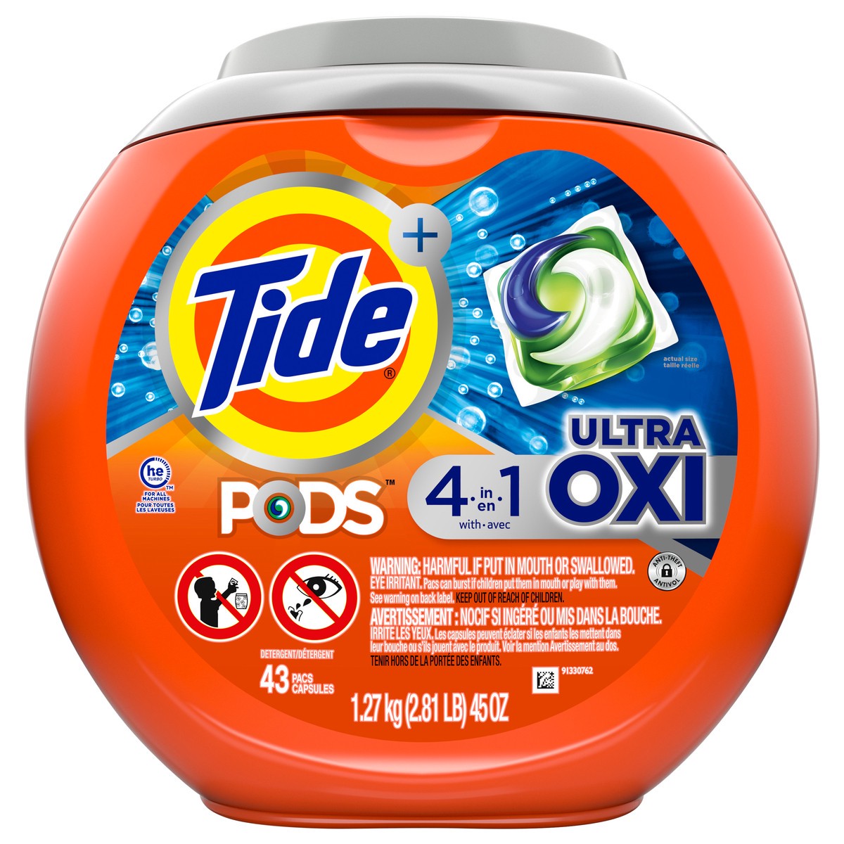 slide 5 of 8, Tide PODS Liquid Laundry Detergent Soap Pacs, 4-n-1 Ultra Oxi, HE Compatible 43 Count, Built in Pre-treater for Stains, 43 ct