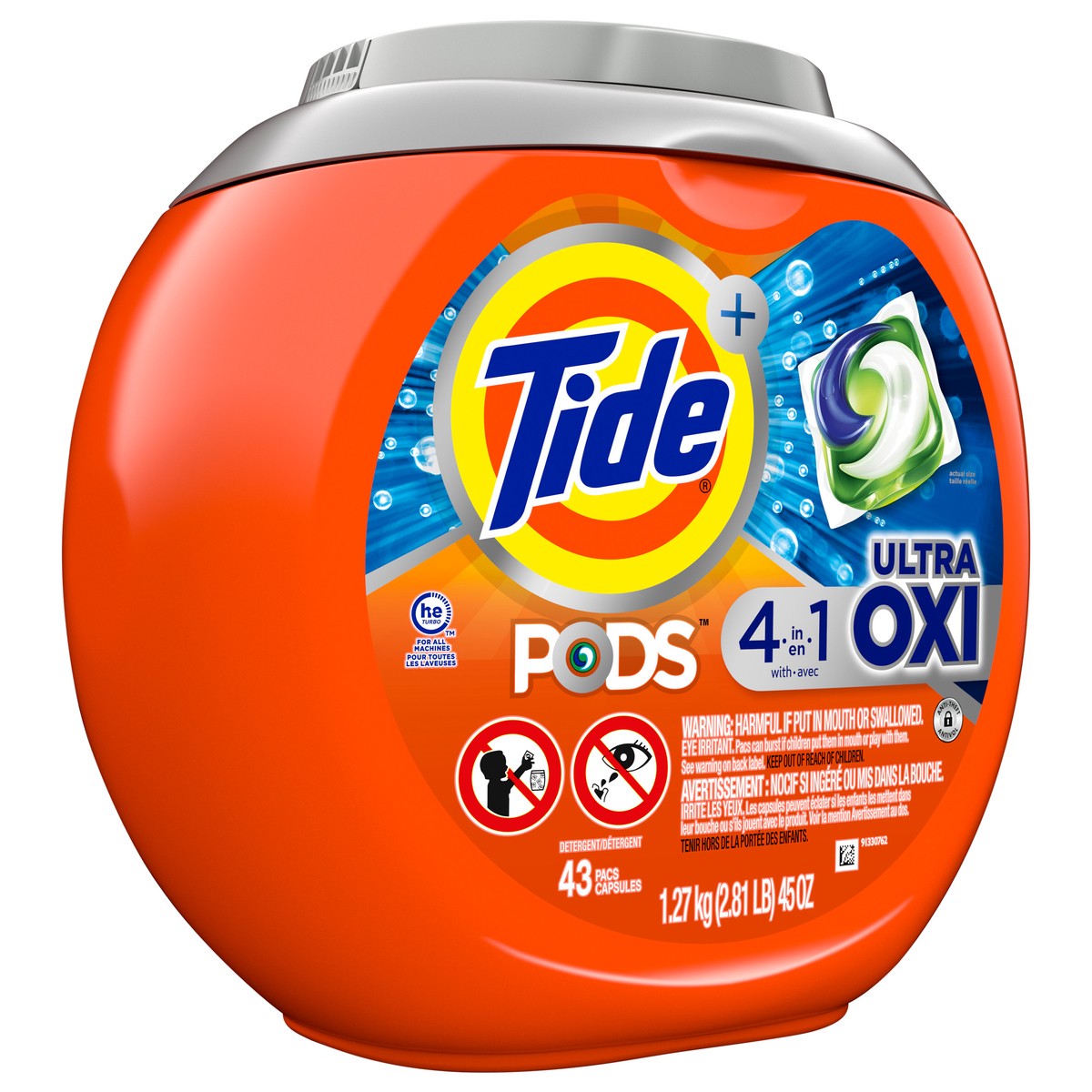 slide 8 of 8, Tide PODS Liquid Laundry Detergent Soap Pacs, 4-n-1 Ultra Oxi, HE Compatible 43 Count, Built in Pre-treater for Stains, 43 ct