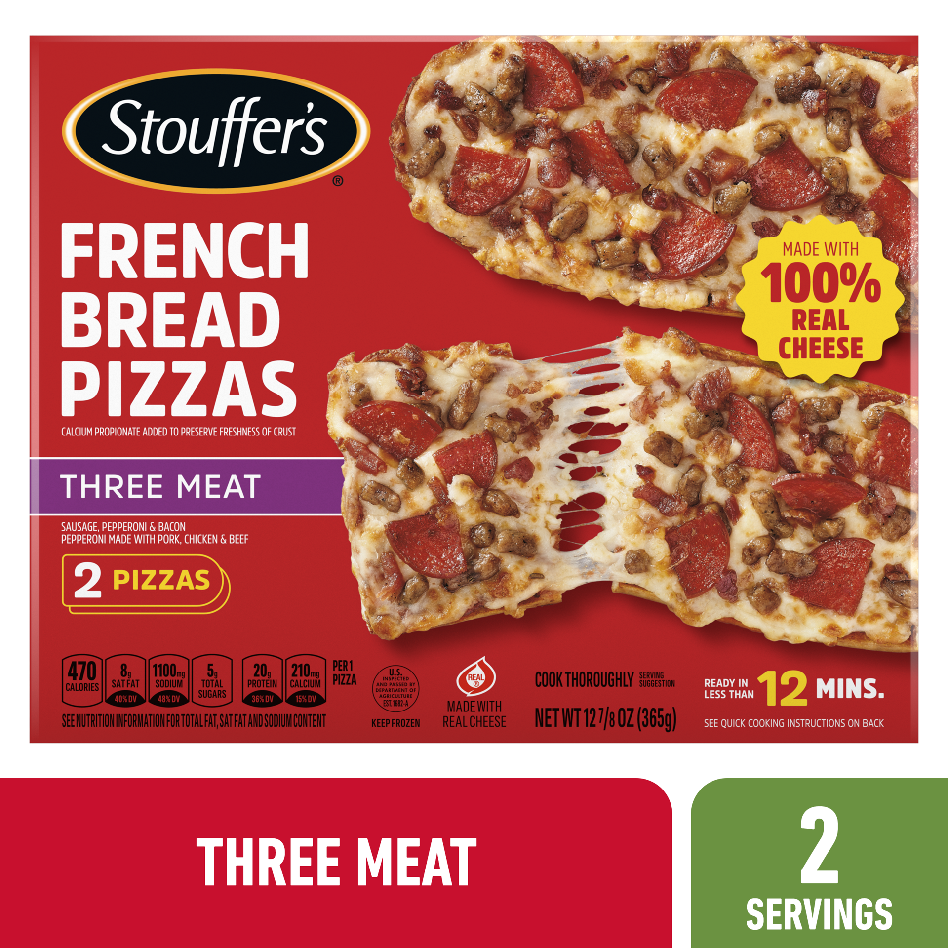 slide 1 of 7, STOUFFER'S French Bread Three Meat Frozen Pizza 12.875oz Box, 12.88 oz