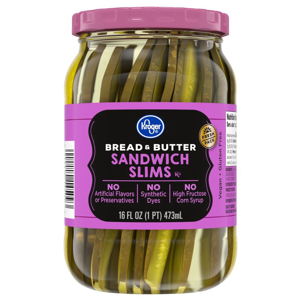 slide 1 of 1, Kroger® Bread & Butter Sandwich Slims Pickles, 16 fl oz