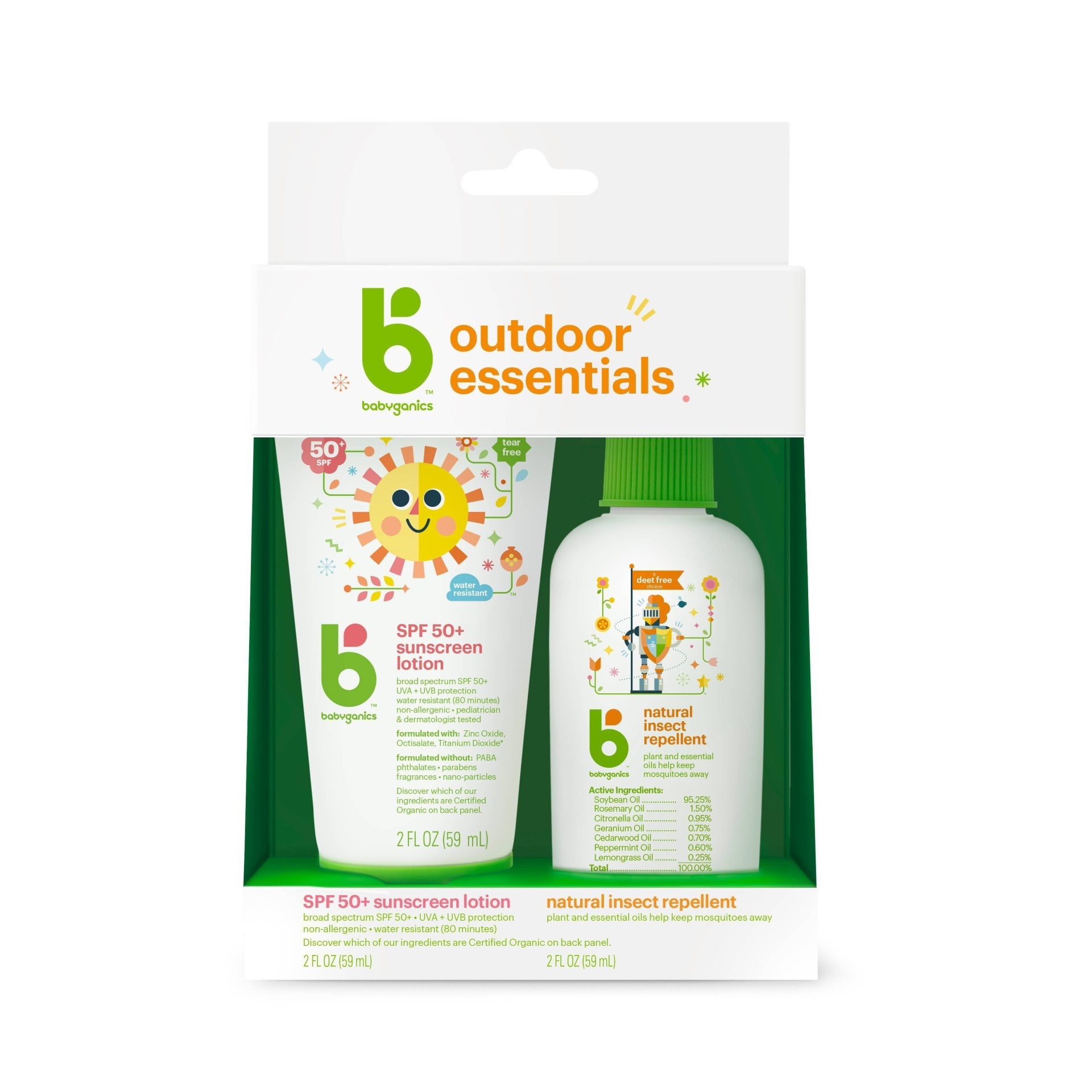 slide 1 of 1, Babyganics Mineral-Based SPF 50+ Sunscreen + Natural Insect Repellent Outdoor Essentials Duo, 2 ct