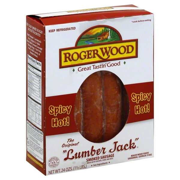 slide 1 of 1, Roger Wood Lumber Jack Sausage Smoked Spicy Hot, 24 oz