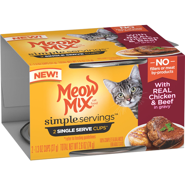 slide 1 of 9, Meow Mix Simple Servings In Gravy Wet Cat Food with Chicken & Beef, 1.3 oz, 2 ct